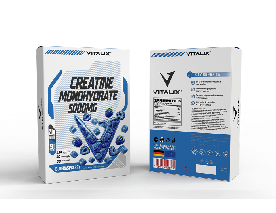 VITALIX Creatine Monohydrate 5000mg Gummies – Blue Raspberry | 5g Creatine | Zero Sugar | 60 Gummies