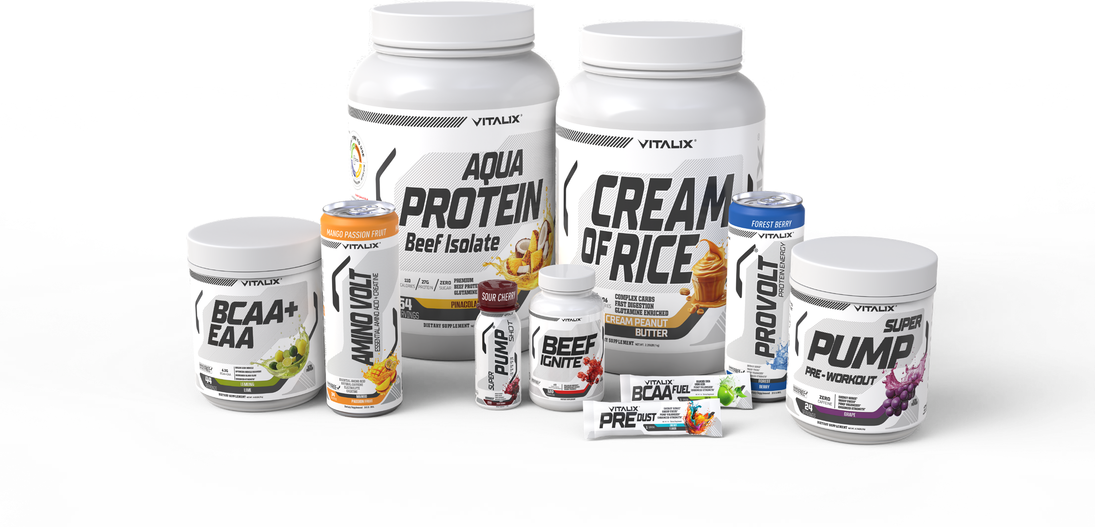 The Vitalix range in its original white and silver packaging: Aqua Protein, Cream of Rice, BCAA + EAA, Beef Ignite, Super Pump, drinks and sachets