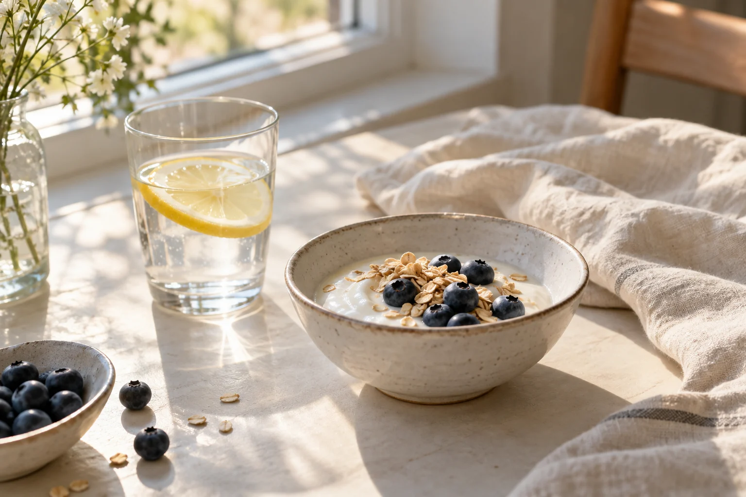 Breakfast with oats, yoghurt, berries and water