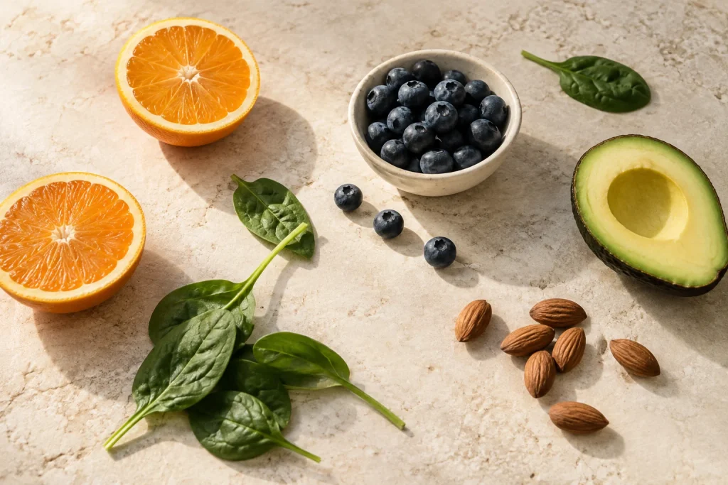 Everyday ingredients arranged in natural light